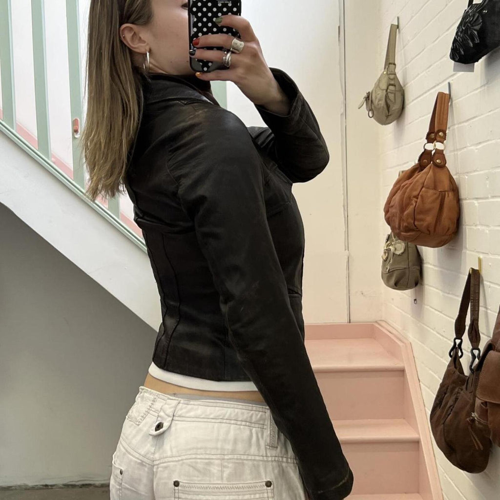 Dark brown leather zip up layered fitted vintage jacket with dual zip