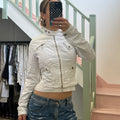 White denim zip up biker jacket
