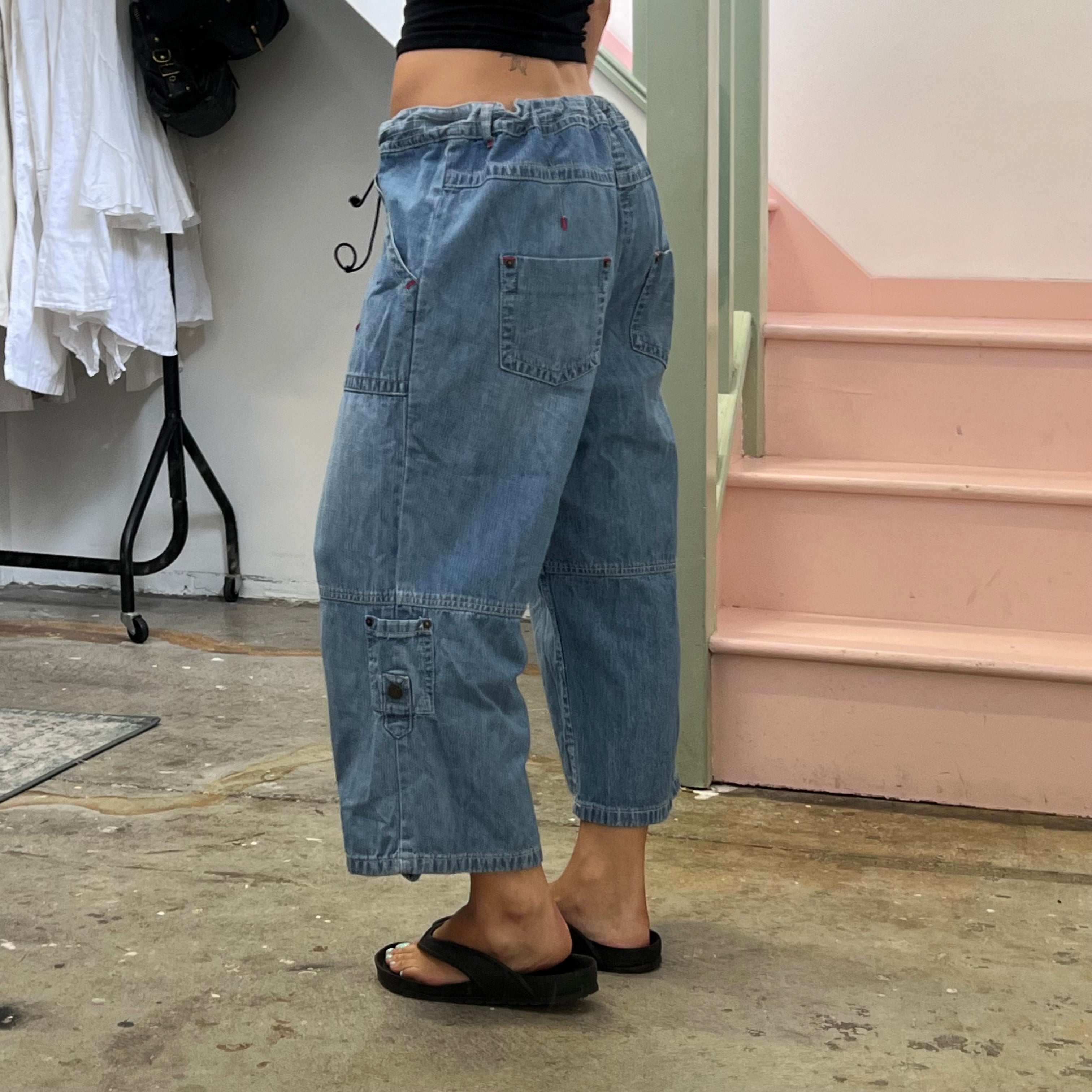 Blue wide leg baggy denim cargo capris