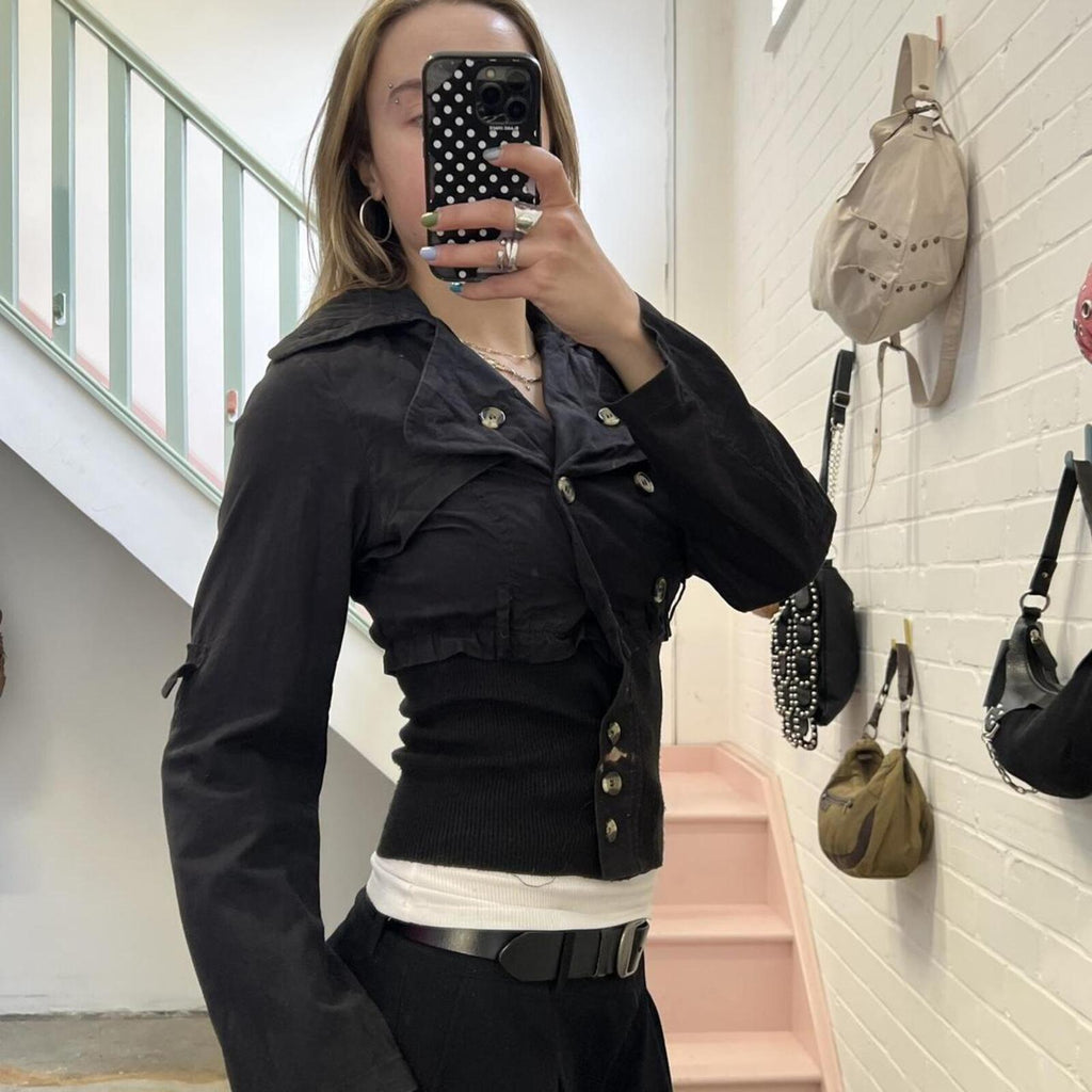 black fitted vintage peacoat with elastic waist