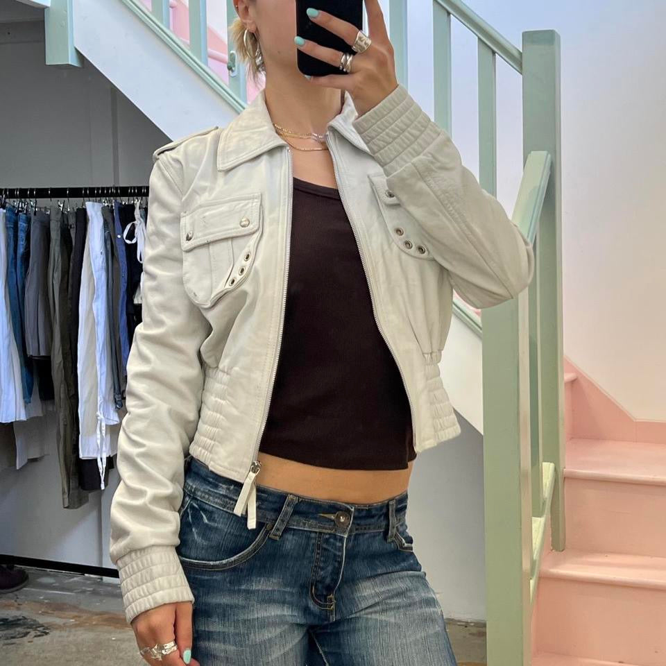 White leather bomber jacket with fitted waist