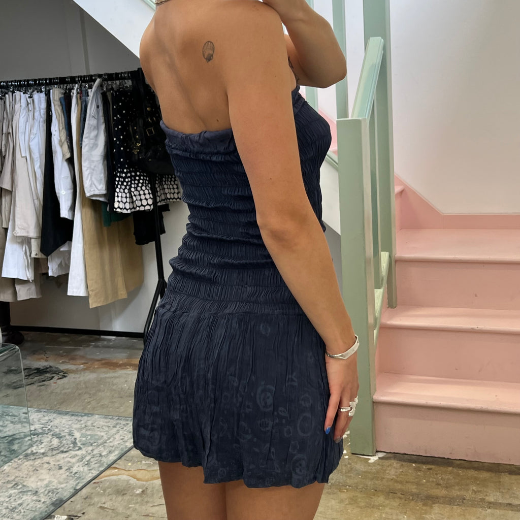 Navy silk strapless mini dress