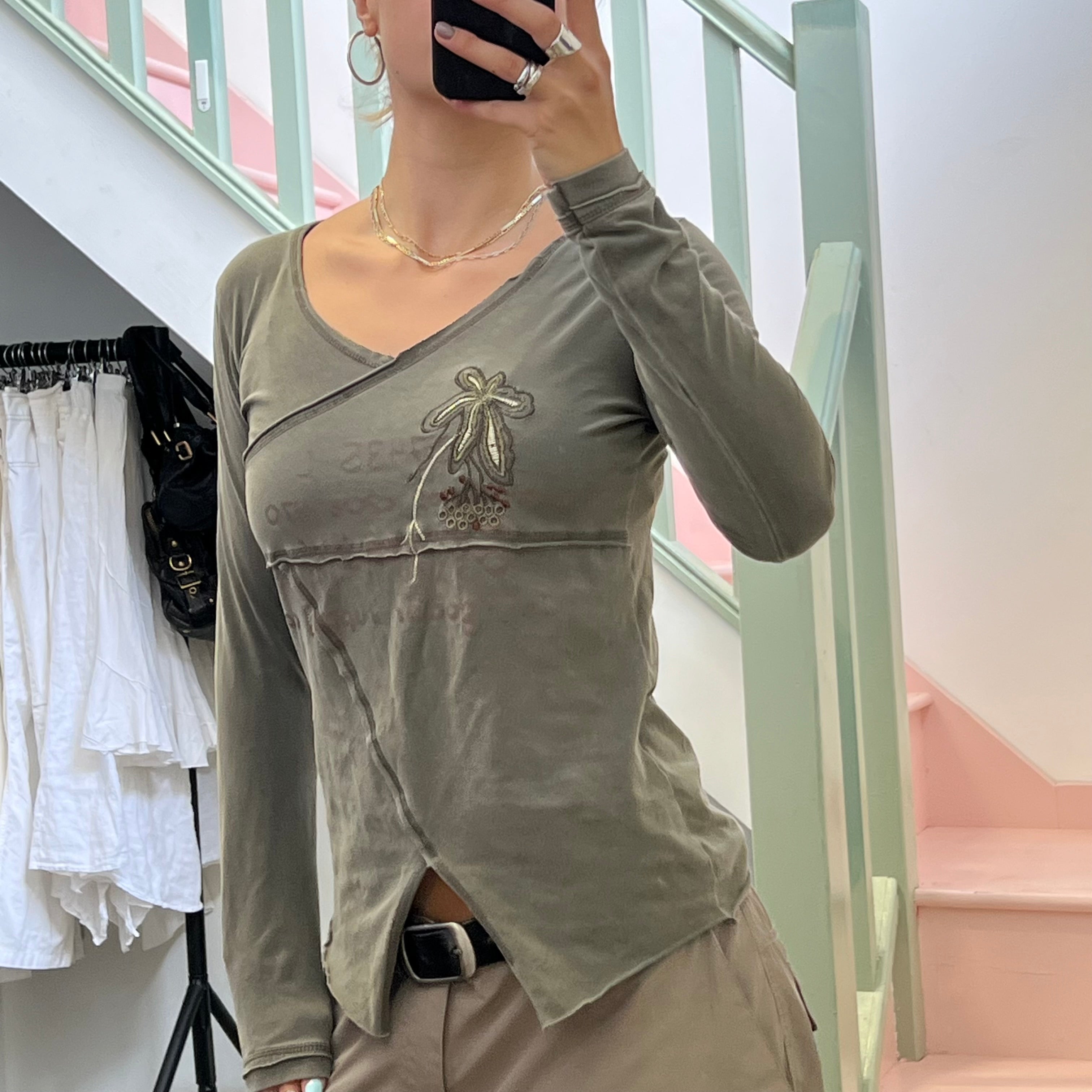 Khaki embroidered asymmetrical long sleeve top