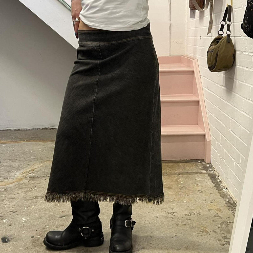 grey black denim low rise distressed maxi skirt