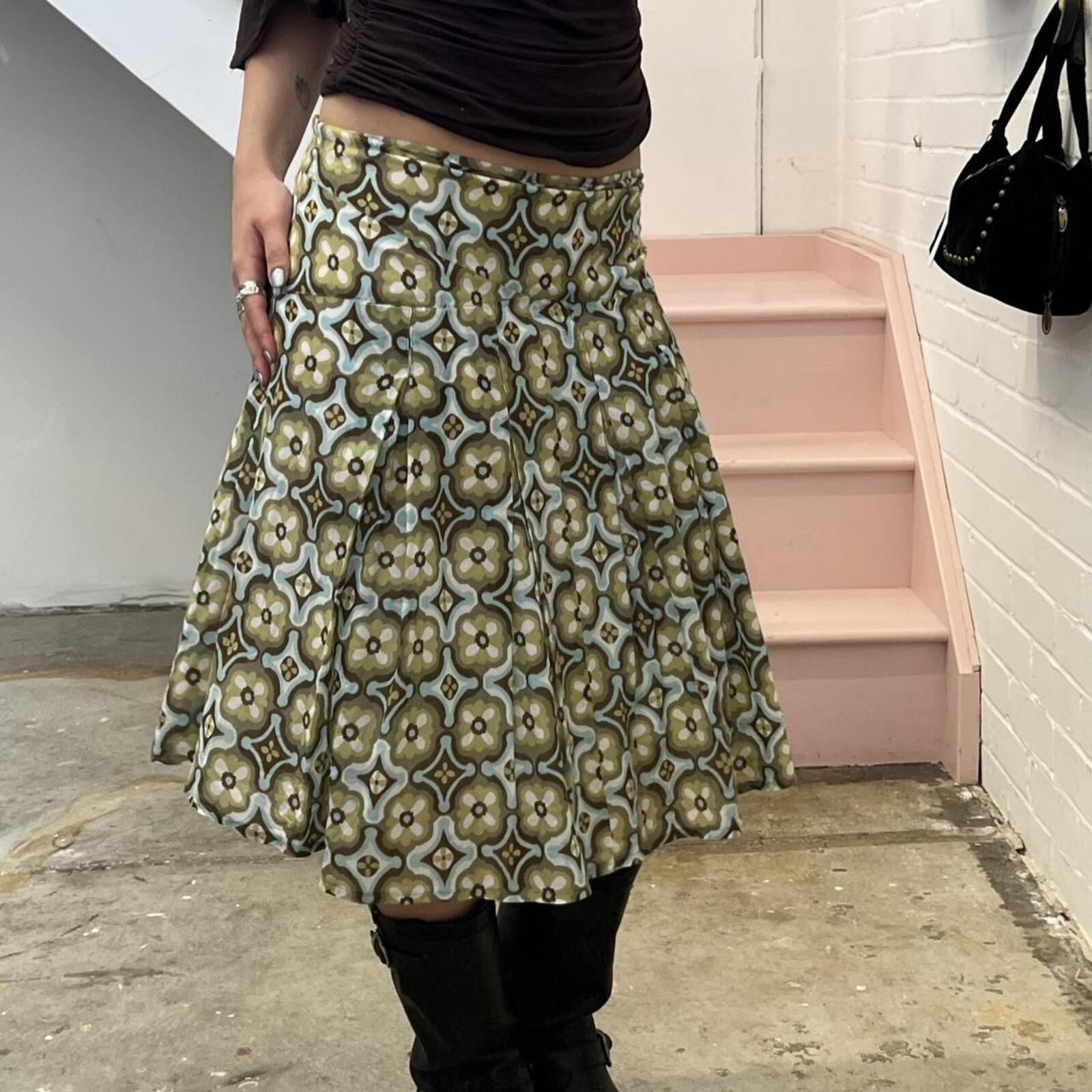 green and brown geo print pleated cotton vintage midi skirt