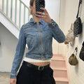 Mid wash zip up fitted vintage denim jacket with dual zip