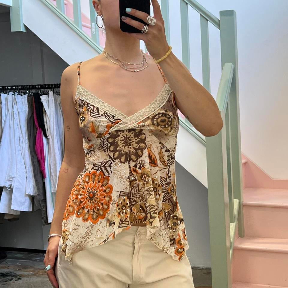 Brown and orange mesh printed cami