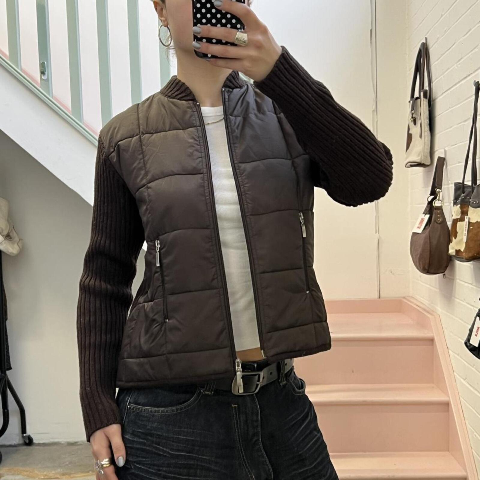 brown vintage padded sweater with lambs wool knitted sleeves and dual zip