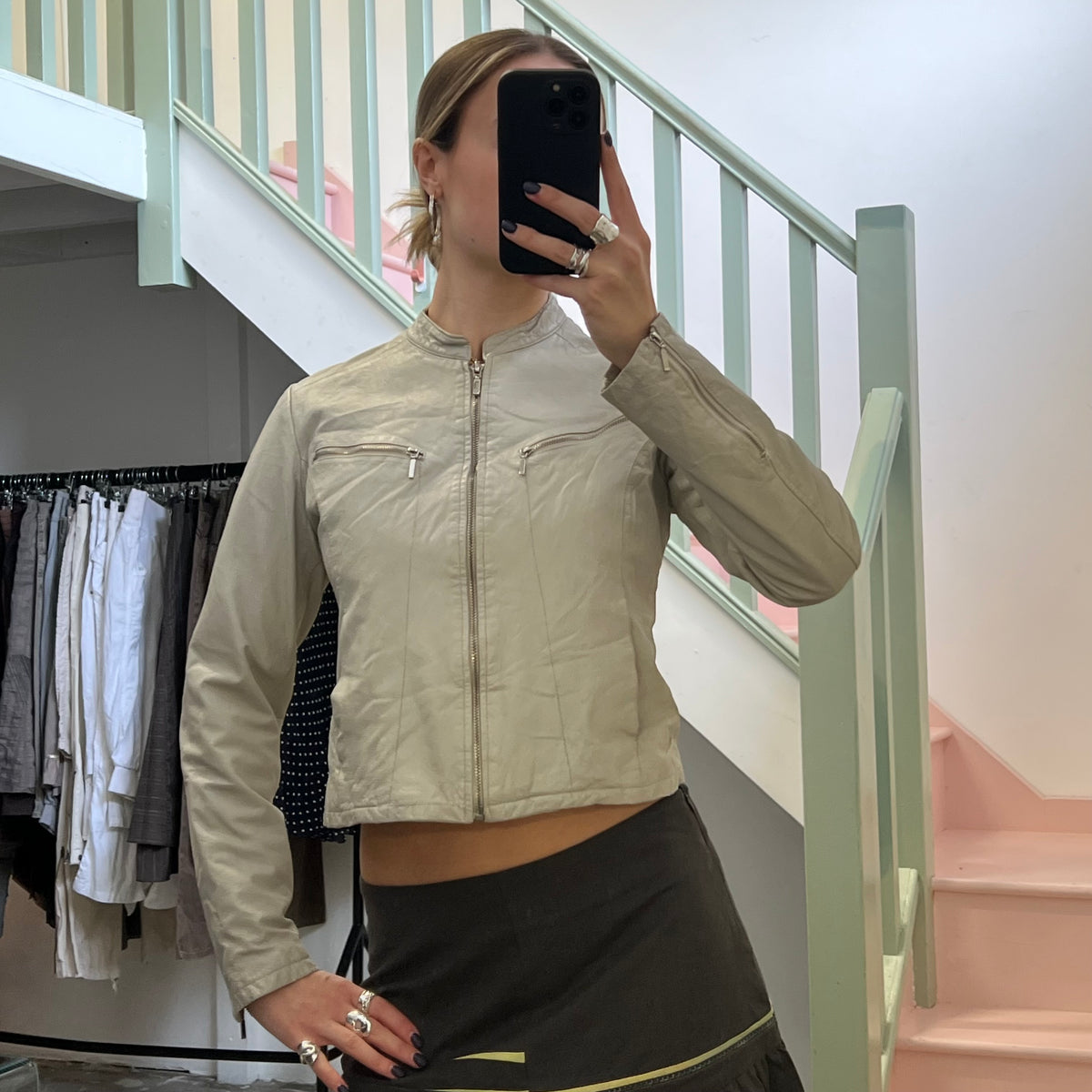 Cream zip up fitted leather jacket