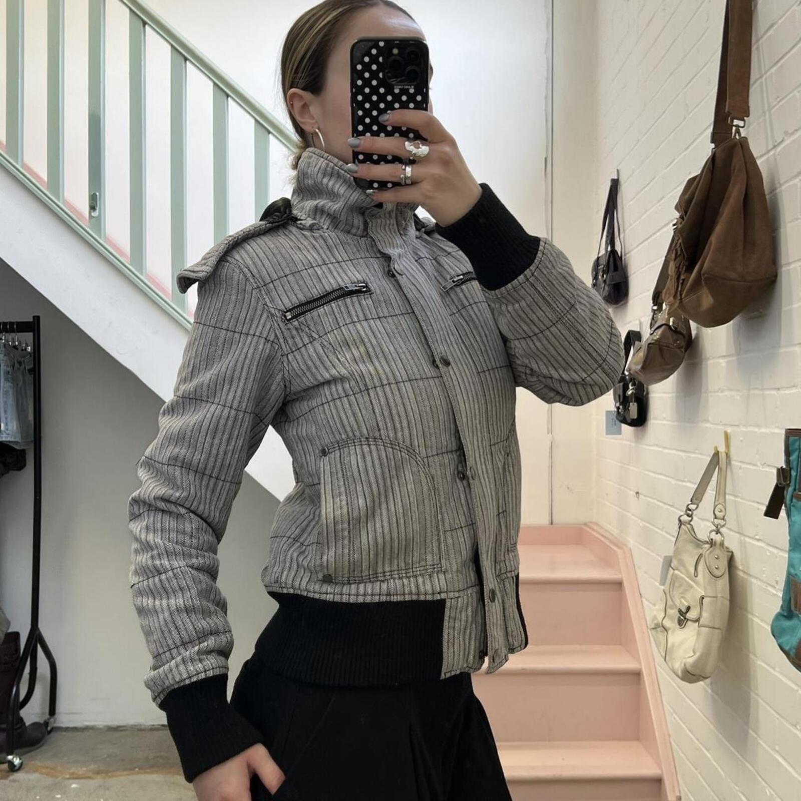 Fishbone grey striped padded hooded zip up coat