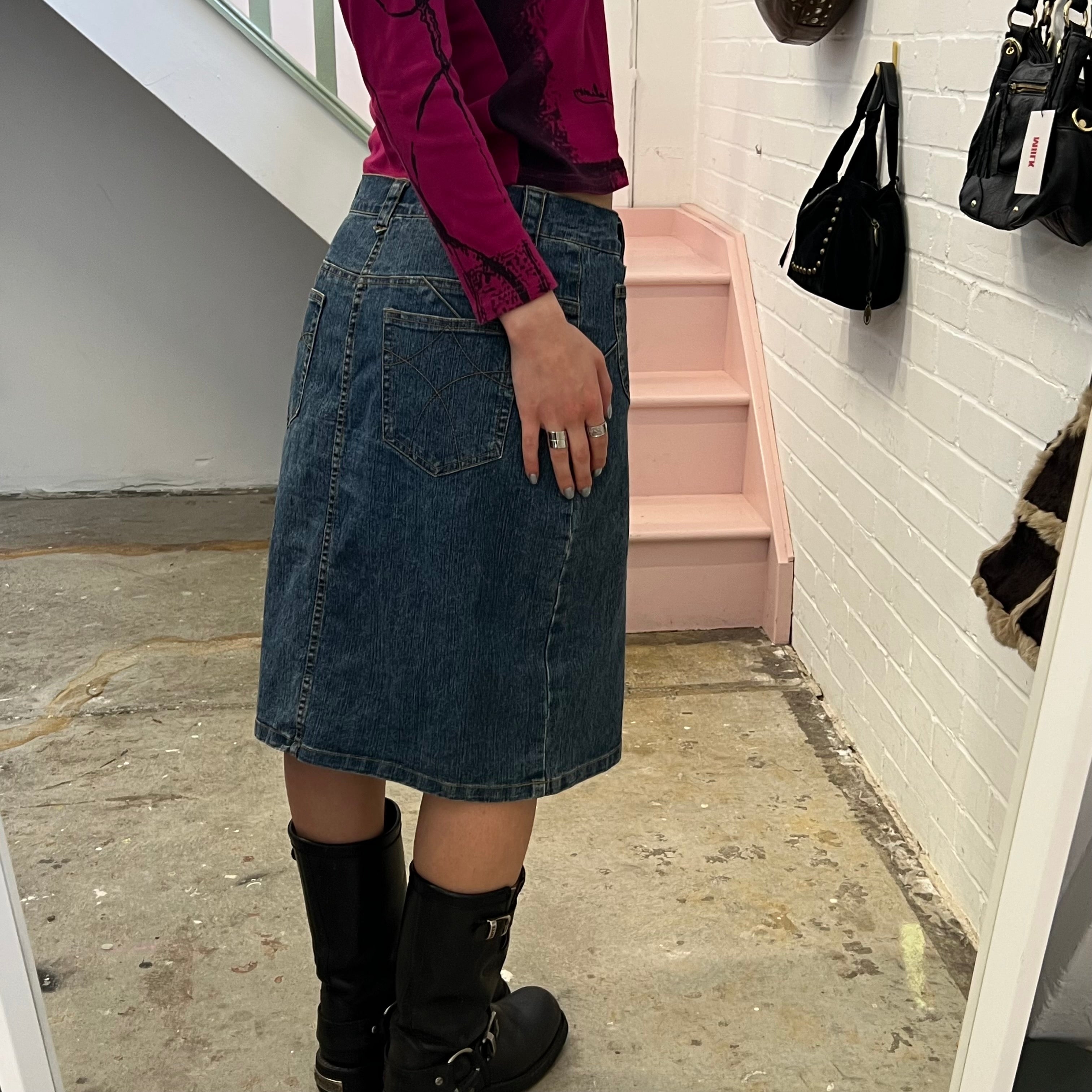 denim midi skirt with lace up waist