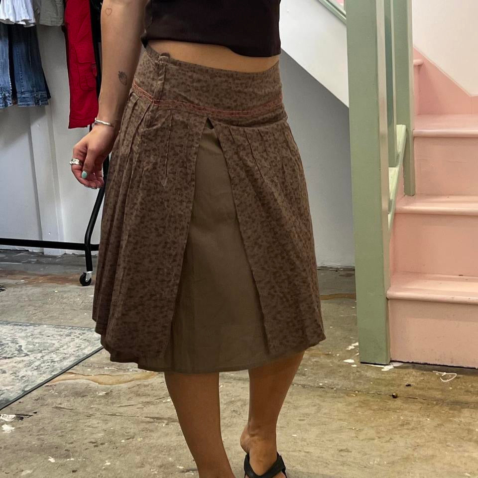Brown ditsy floral midi skirt