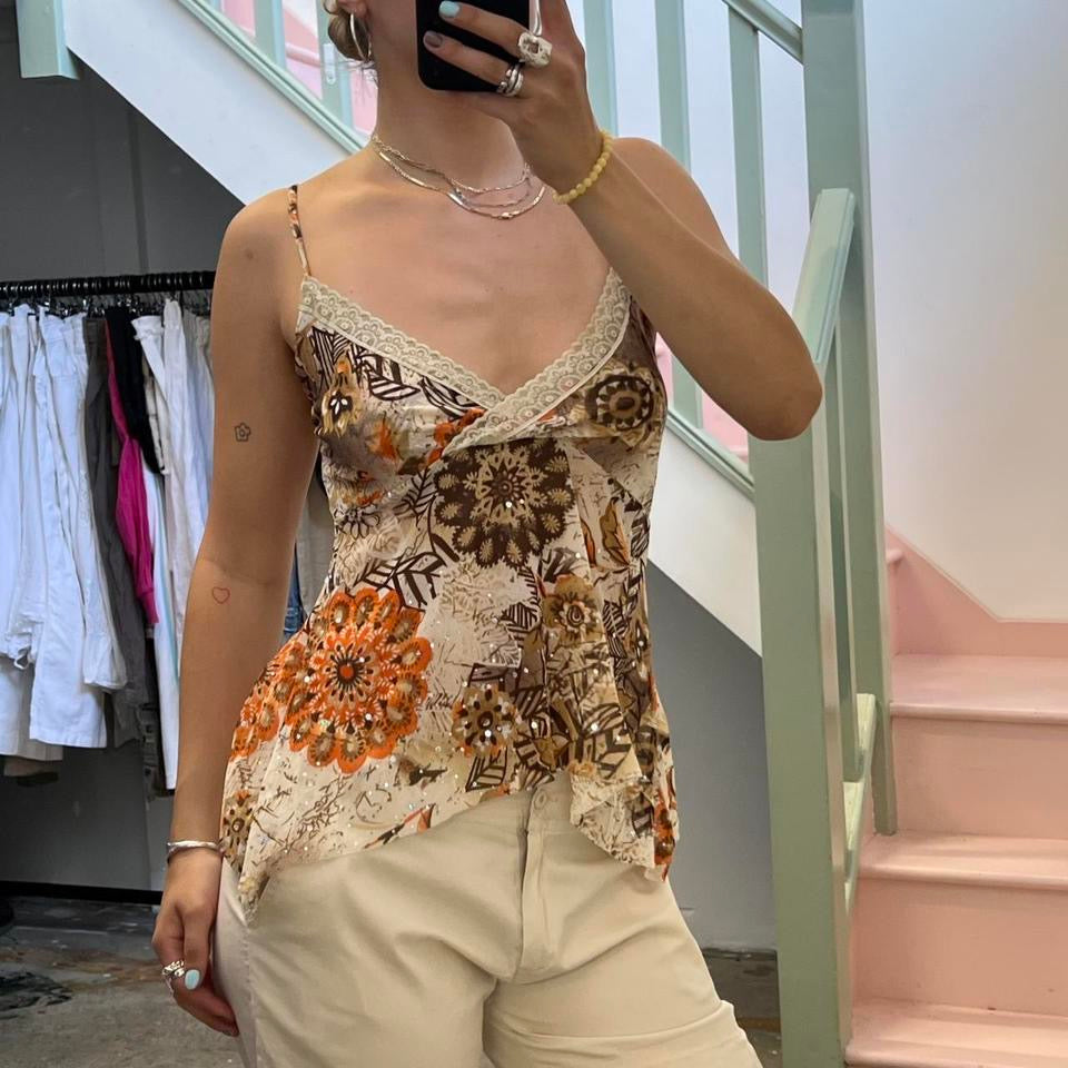 Brown and orange mesh printed cami