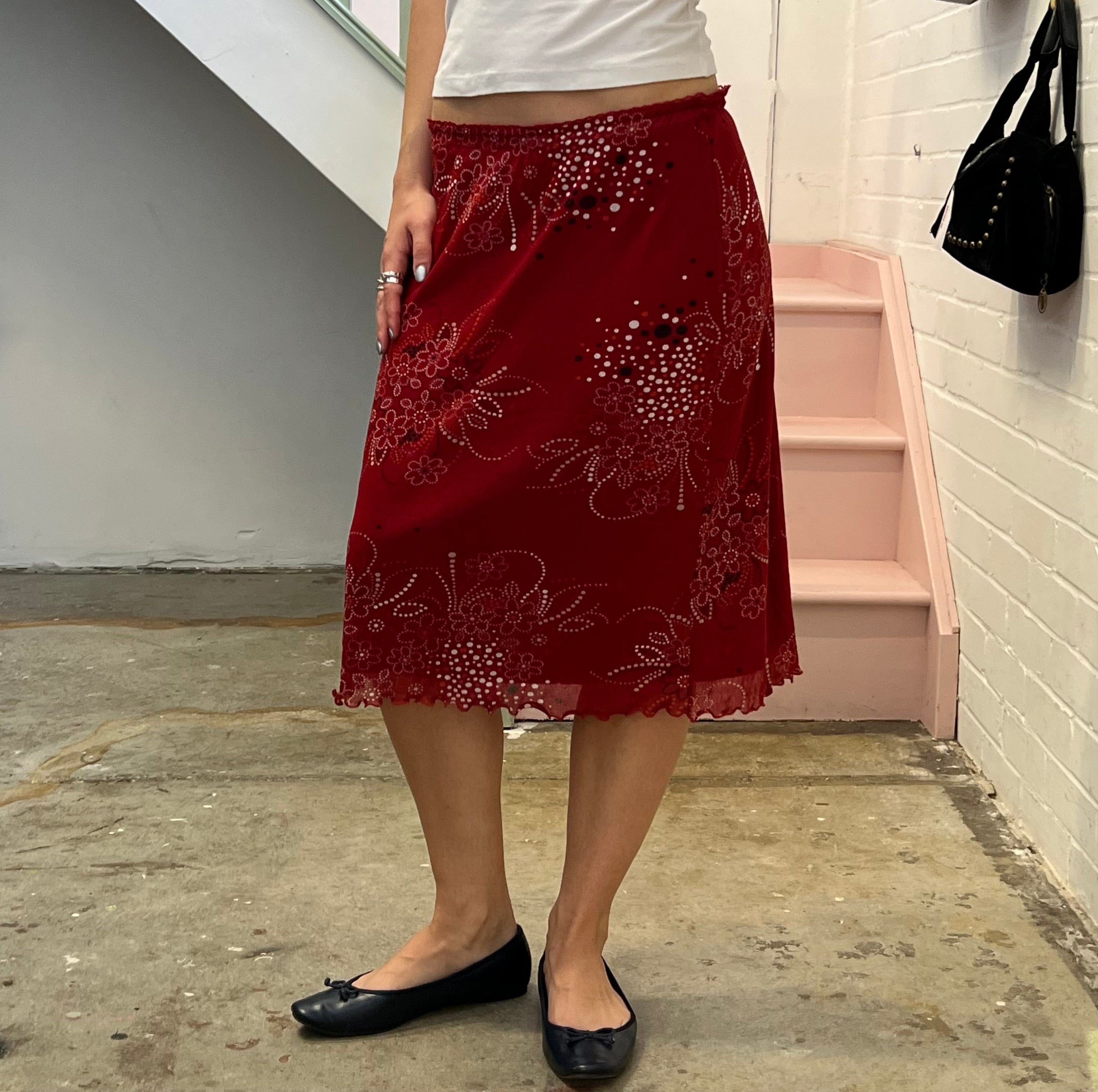 Red floral mesh midi skirt