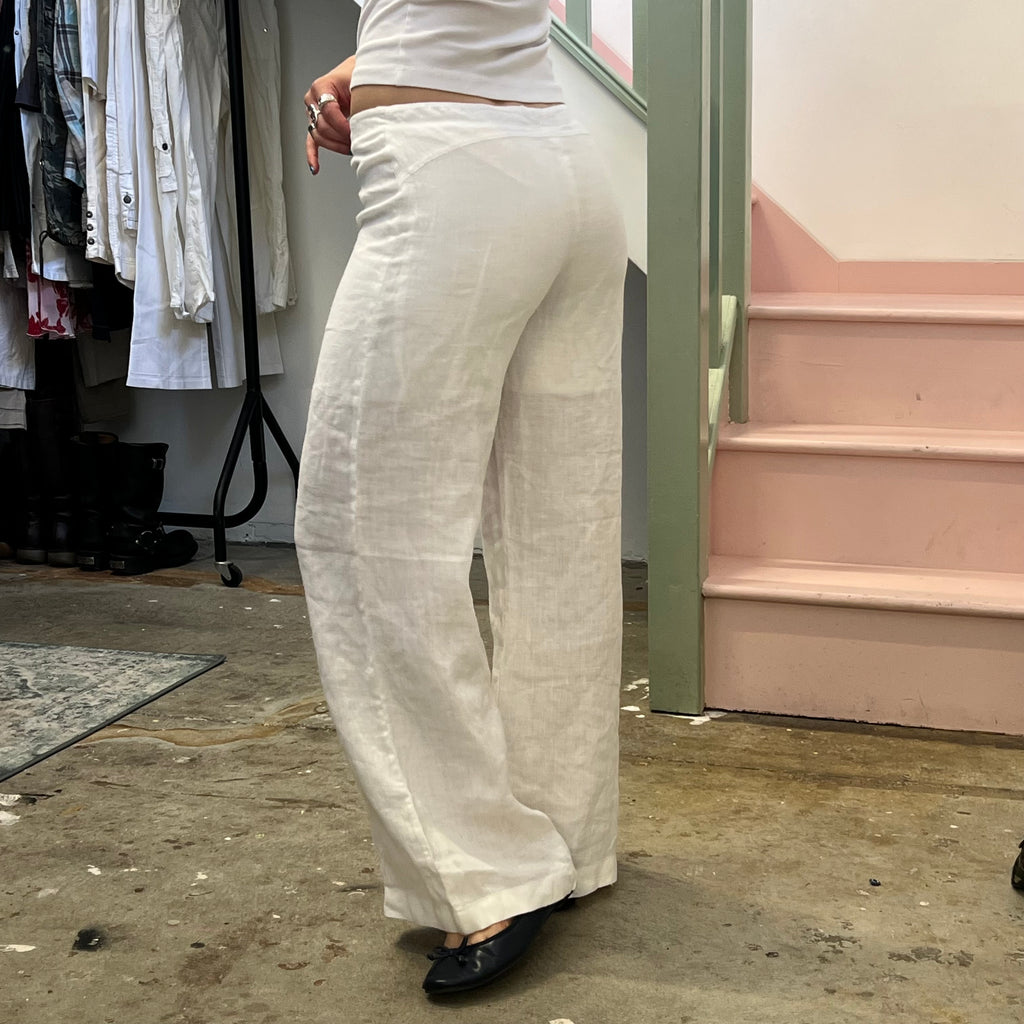 White wide leg low rise linen trousers