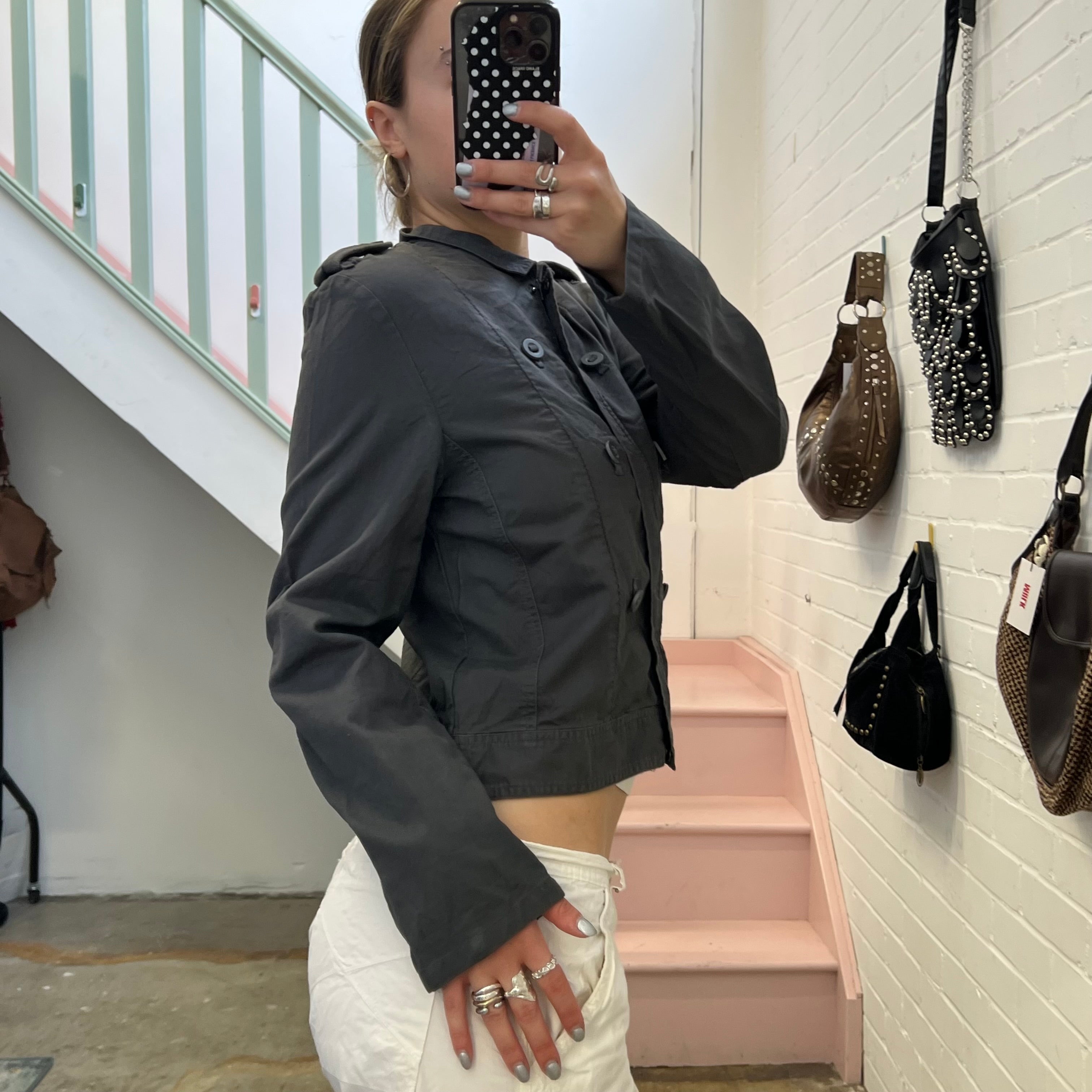 Grey zip up utility style tailored jacket with buttons