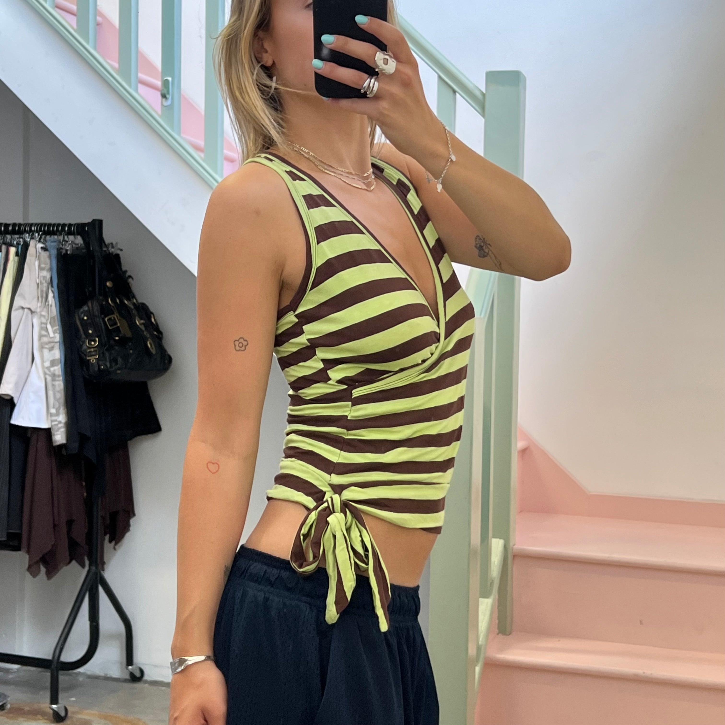 Green and brown striped v neck vest