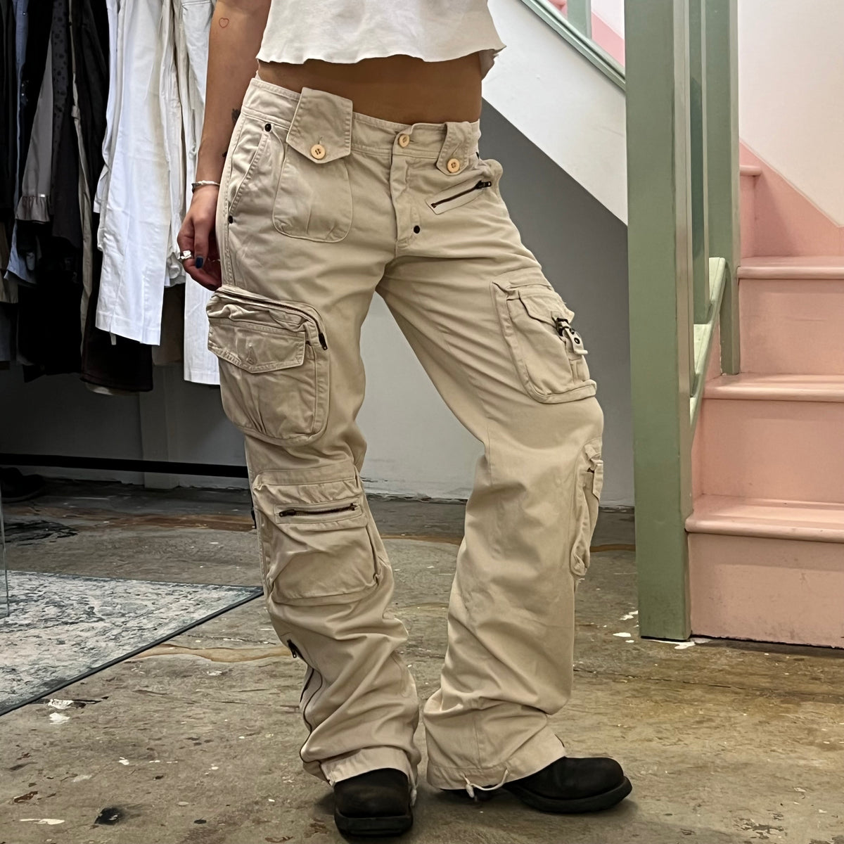 Cream wide leg cargos