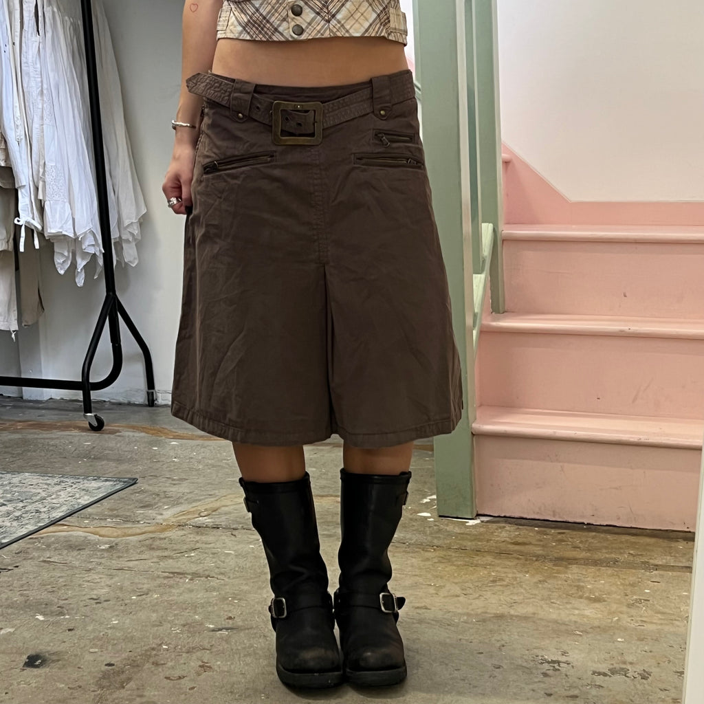 Brown belted cargo midi skirt