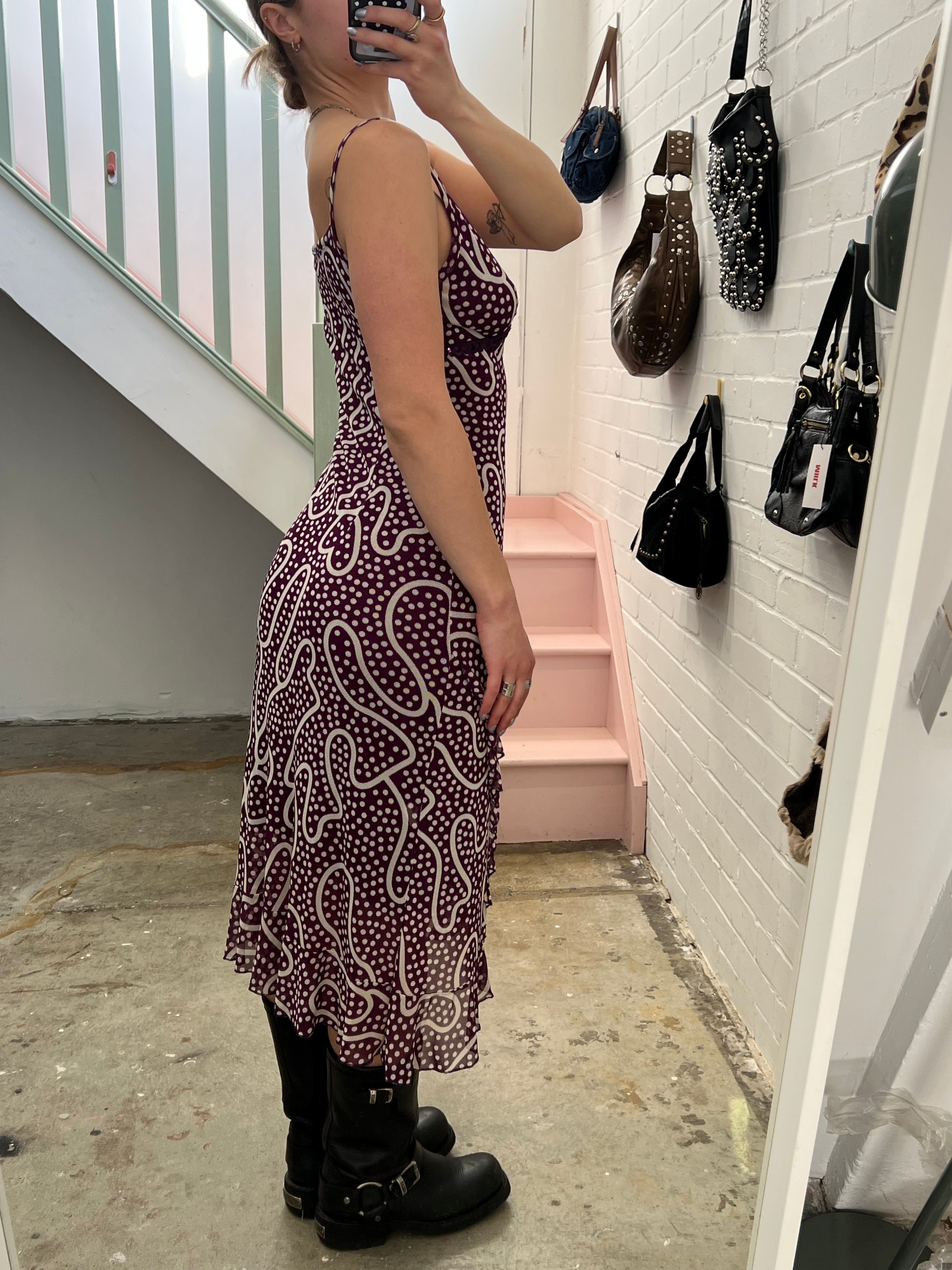 Purple and white polka dot strappy asymmetrical maxi dress