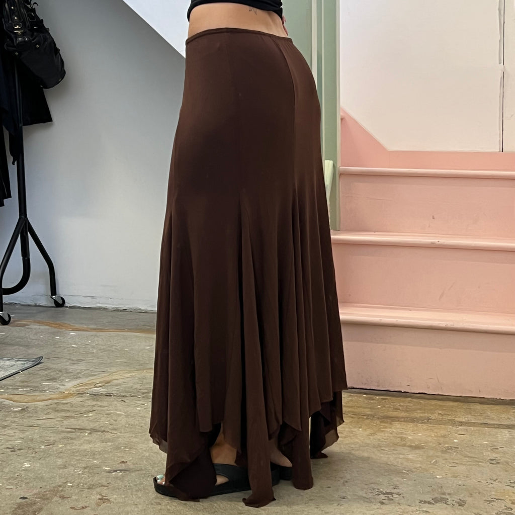Brown slinky asymmetrical maxi skirt