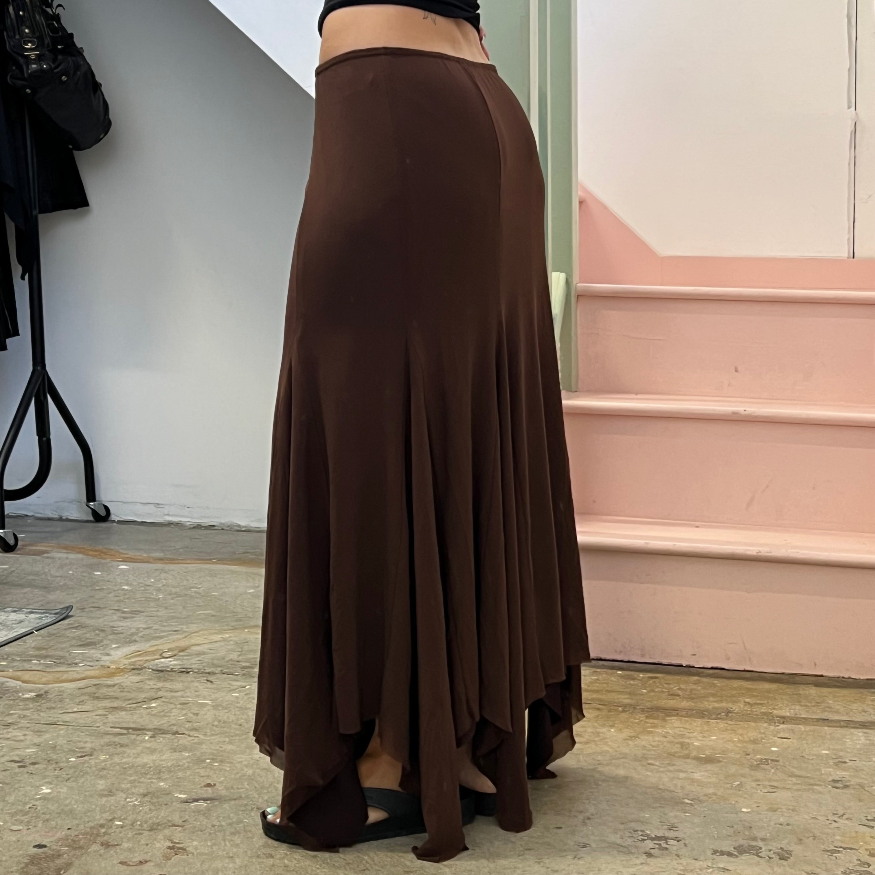 Brown slinky asymmetrical maxi skirt