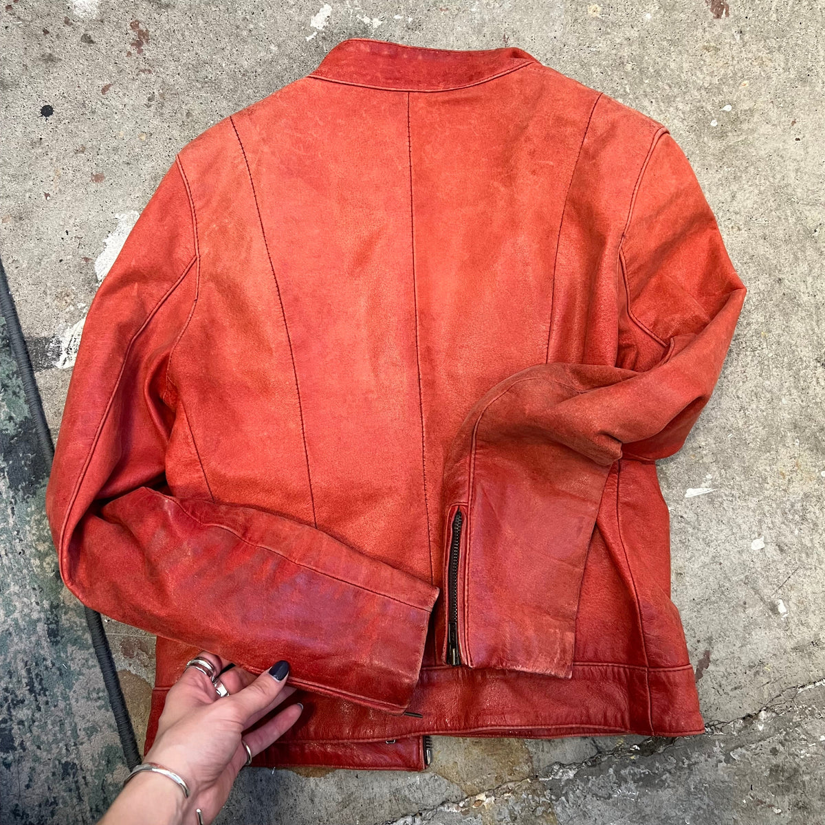 Red zip up leather jacket
