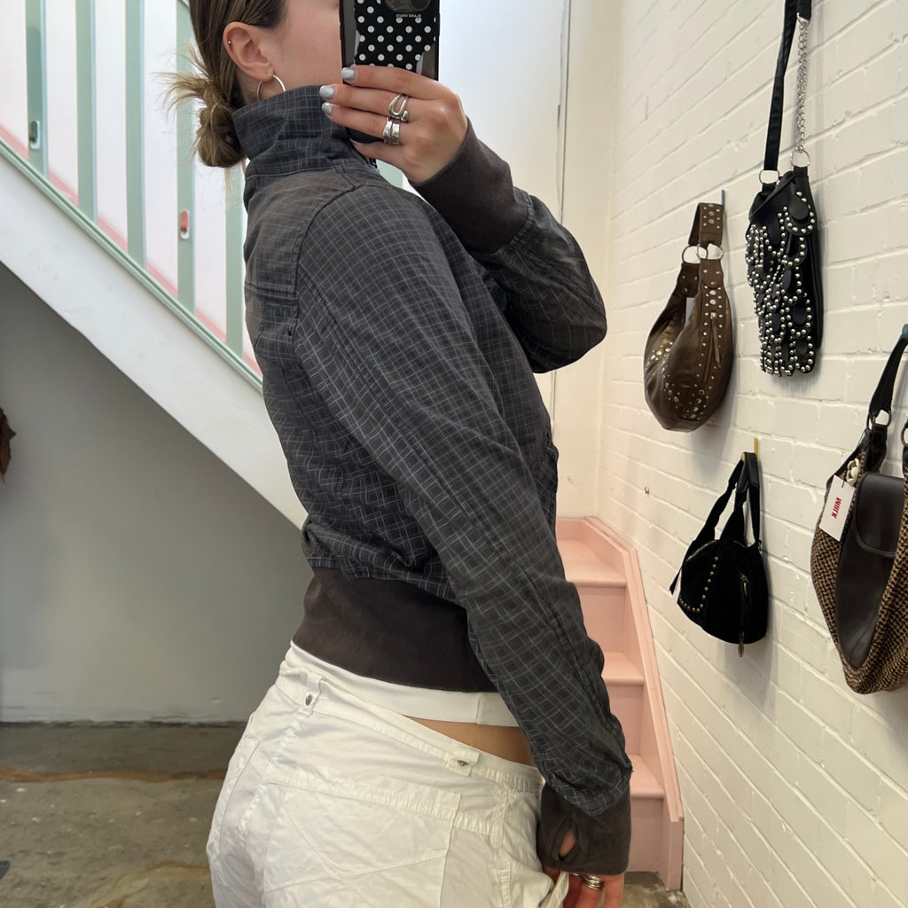 Grey checkered gingham lightweight vintage bomber jacket