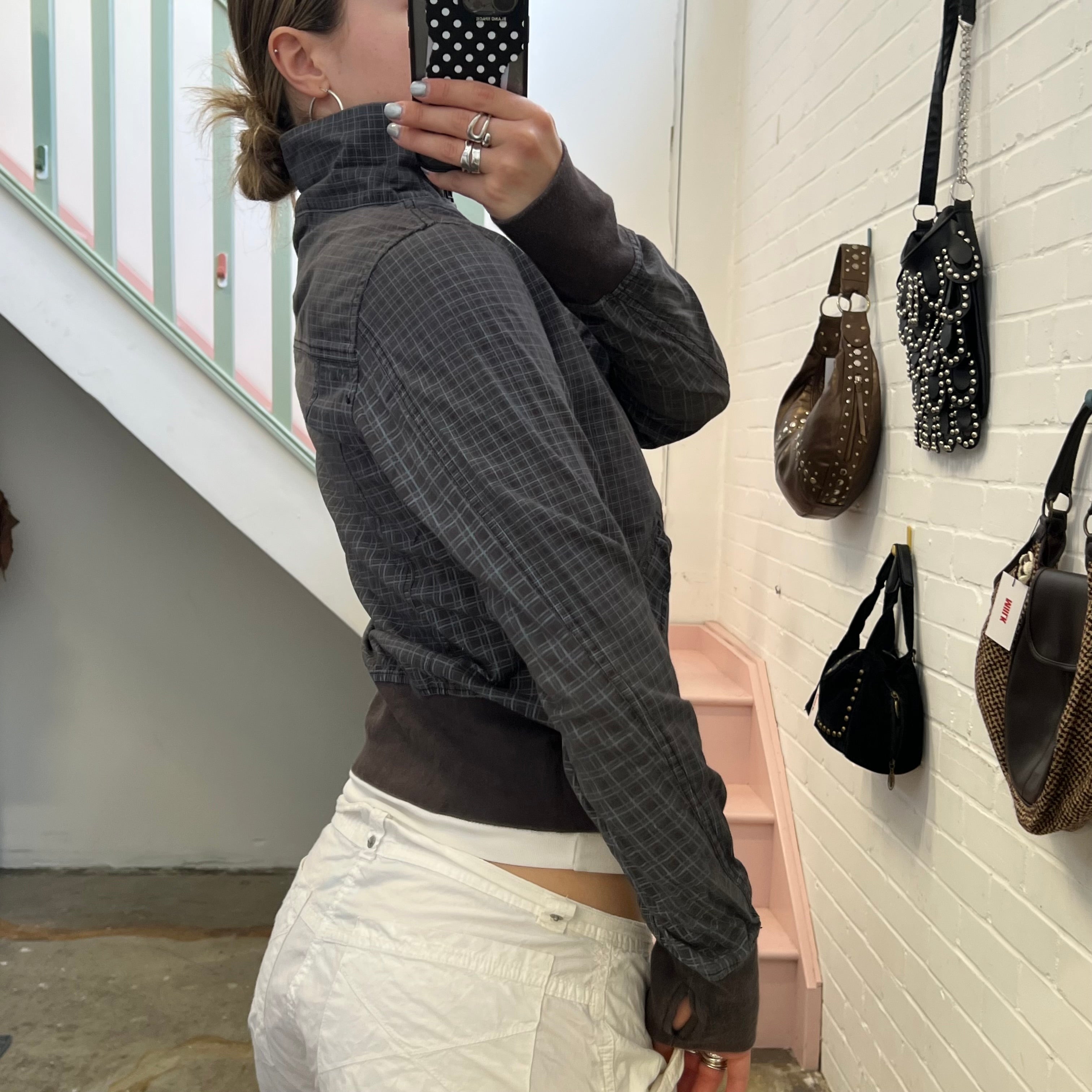 Grey checkered gingham lightweight vintage bomber jacket