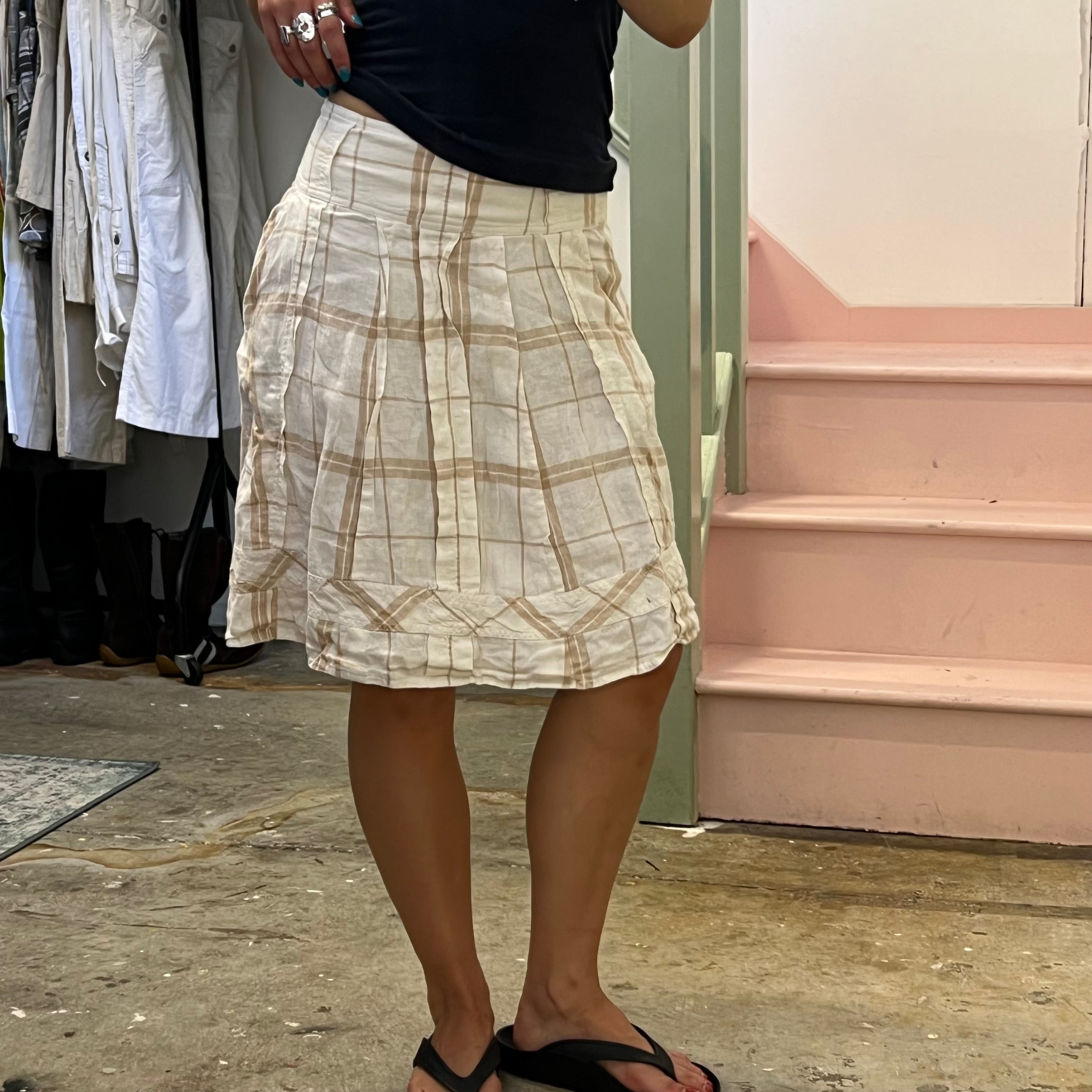 White and brown checkered linen midi skirt