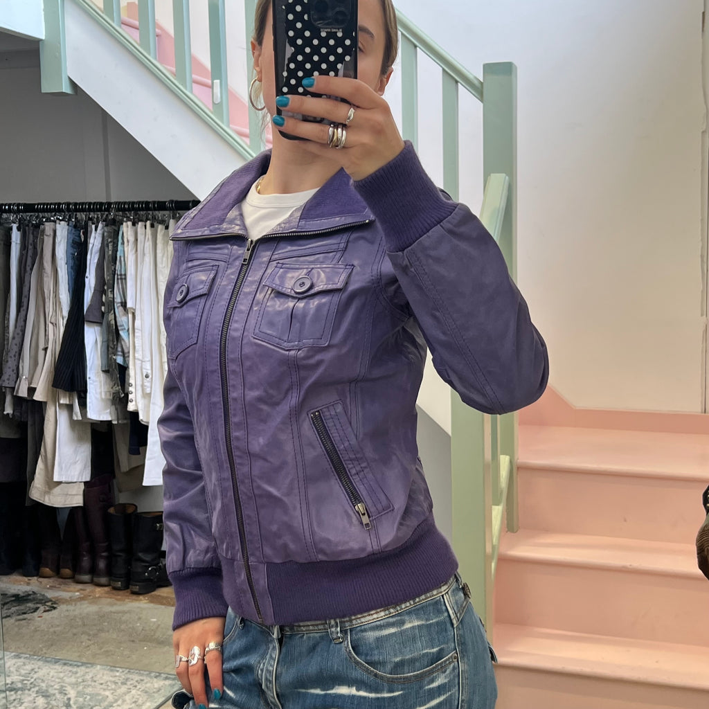 Purple leather zip up bomber jacket