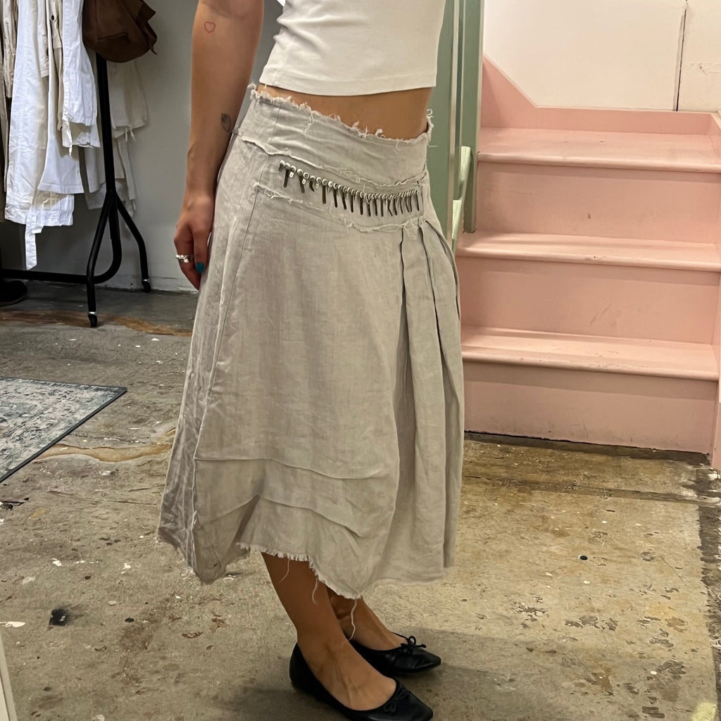 Grey linen asymmetrical beaded maxi skirt