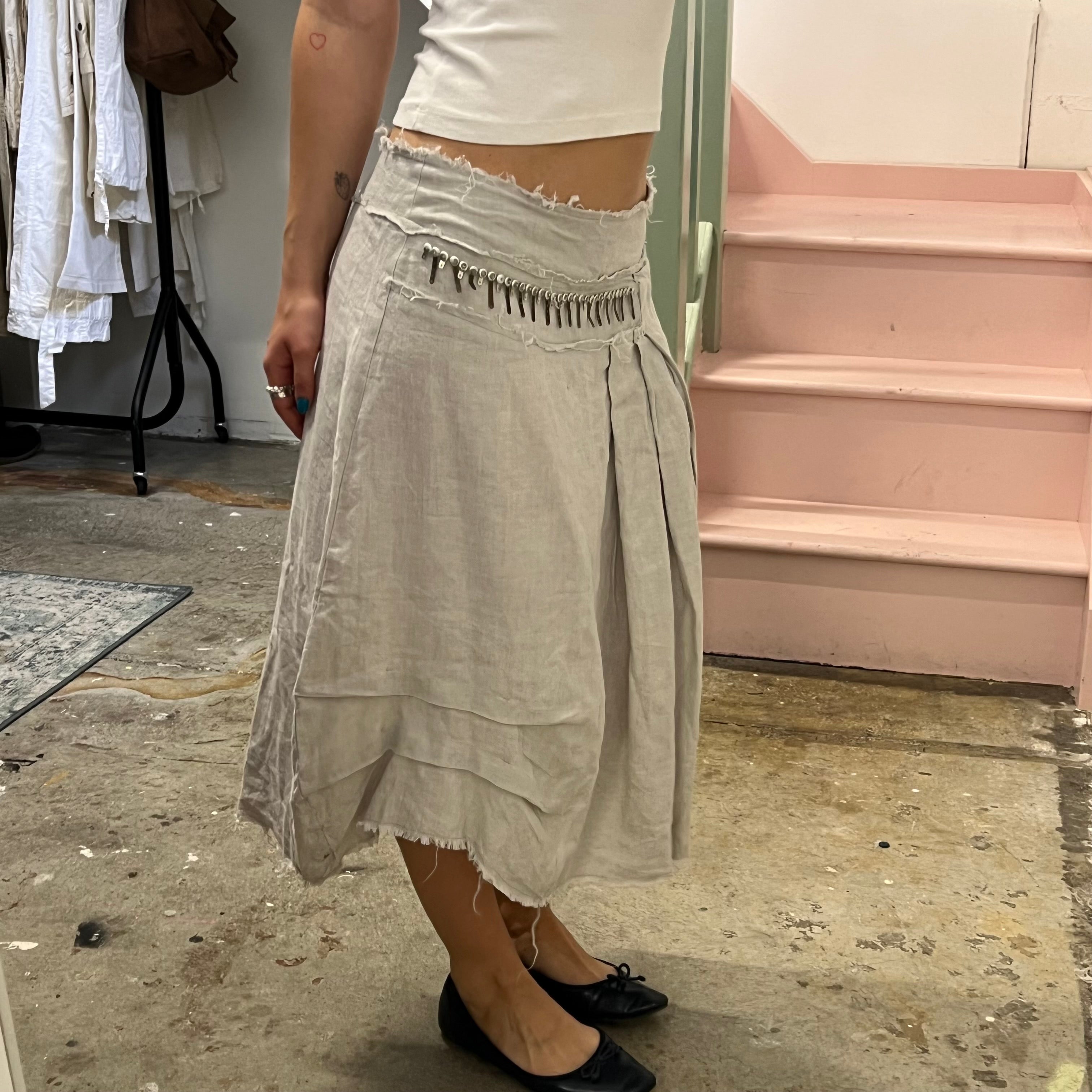 Grey linen asymmetrical beaded maxi skirt