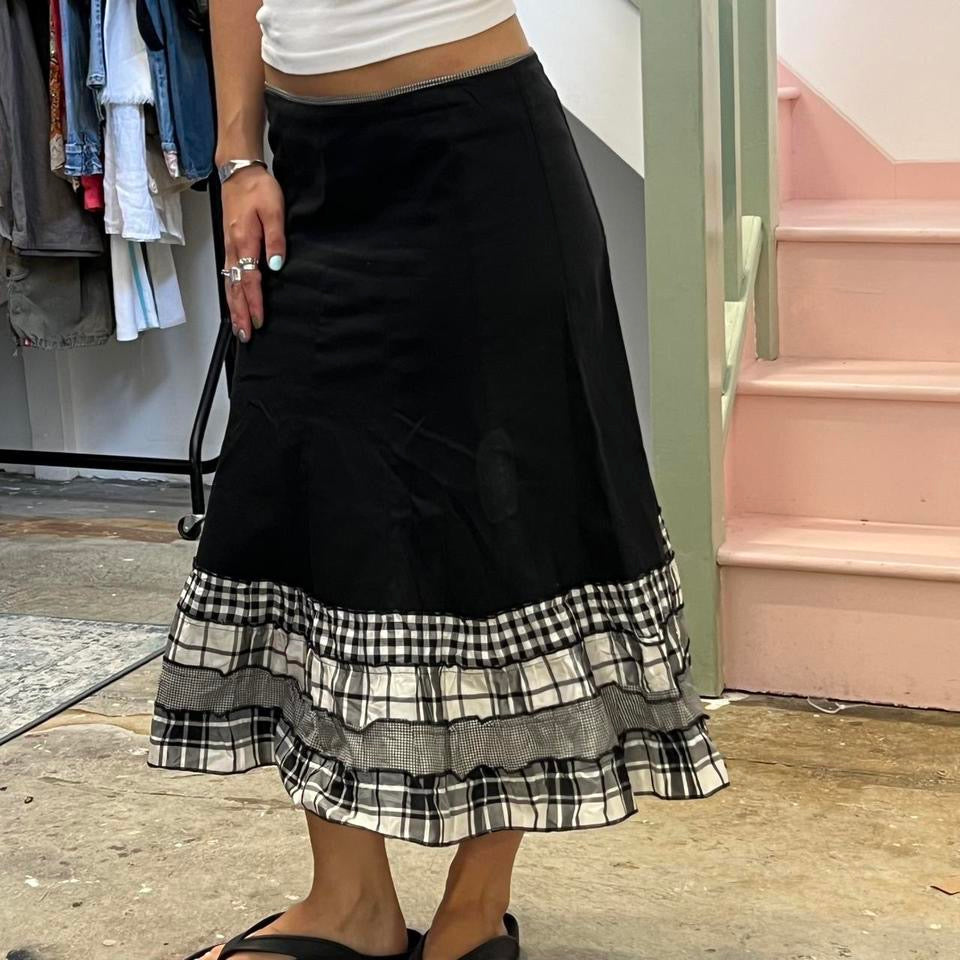 Black maxi skirt with gingham trim