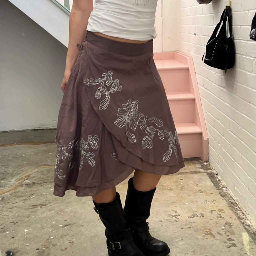 Brown linen embroidered wrap midi skirt