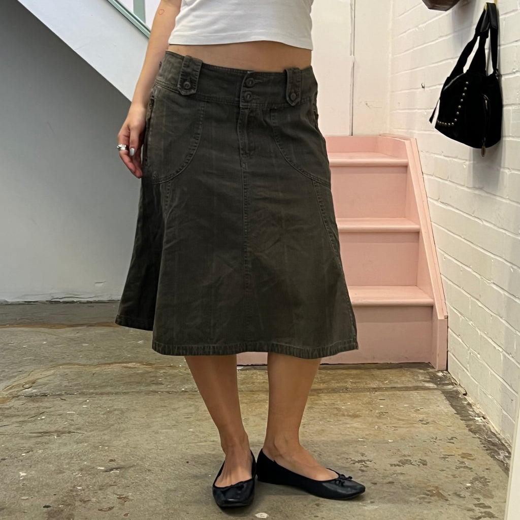 Brown check denim midi skirt