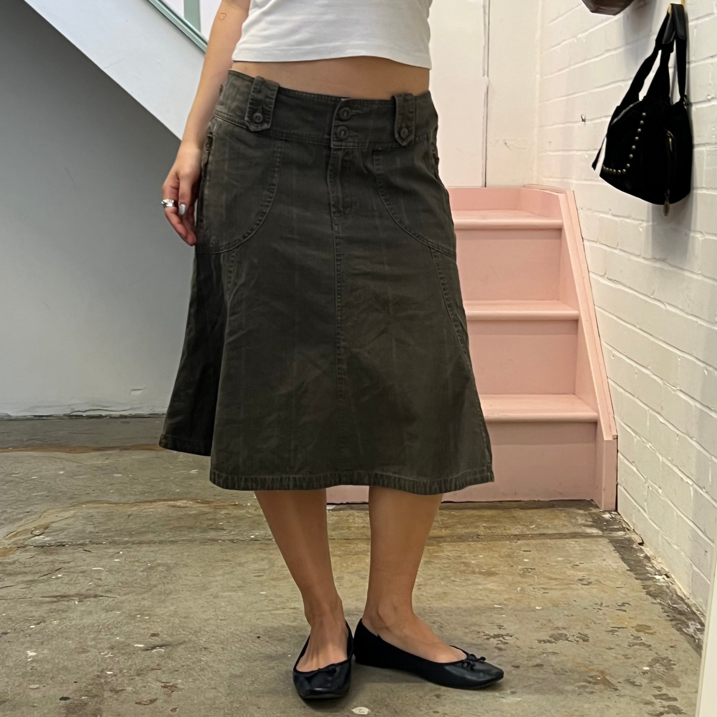 Brown check denim midi skirt
