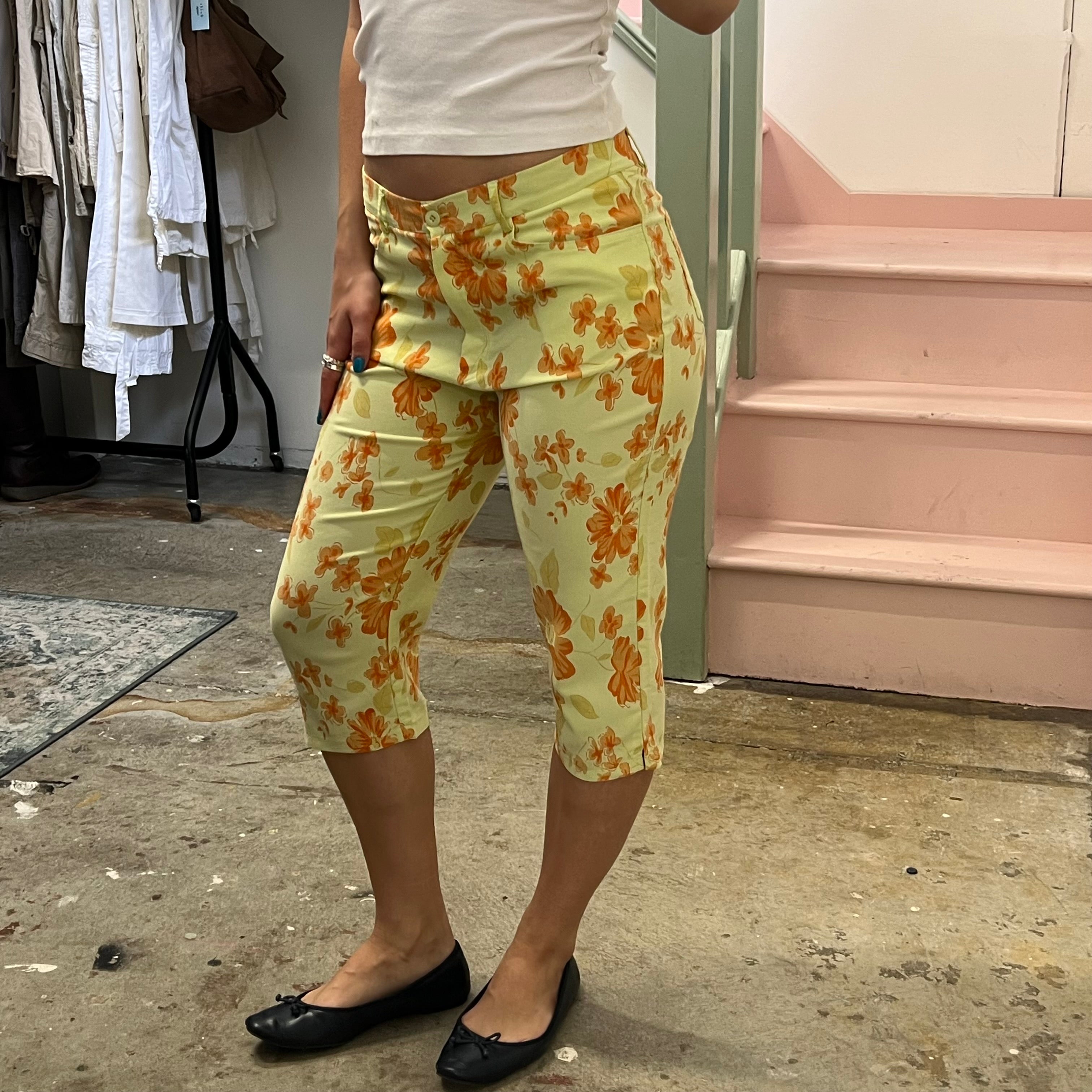 Yellow and orange floral fitted tailored capris