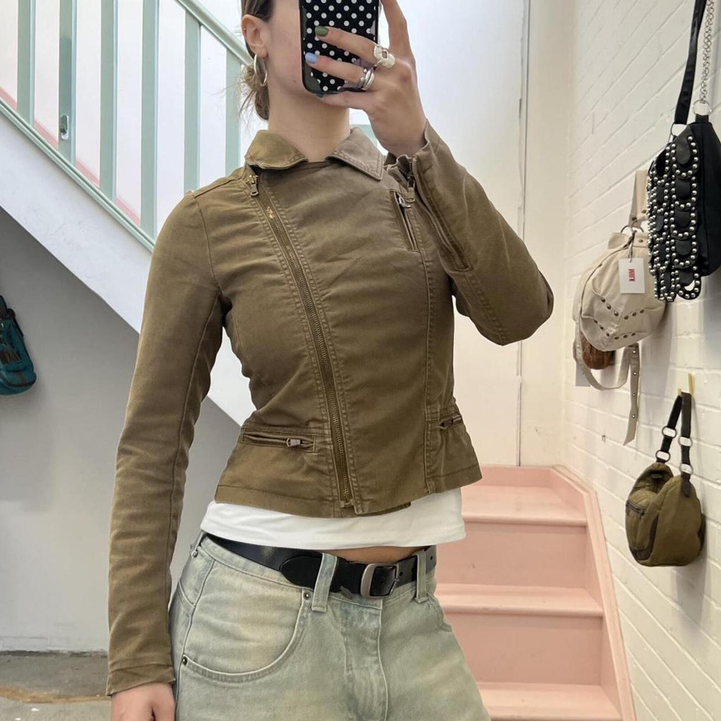 Khaki brown denim fitted zip up biker style vintage jacket