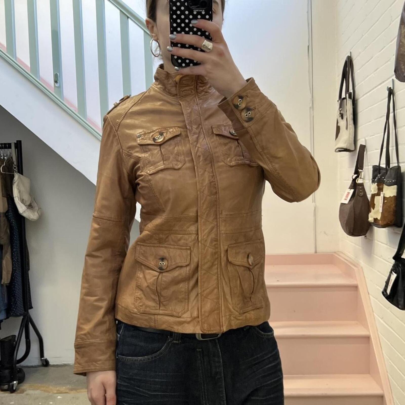 brown tan real leather fitted vintage utility style high neck jacket