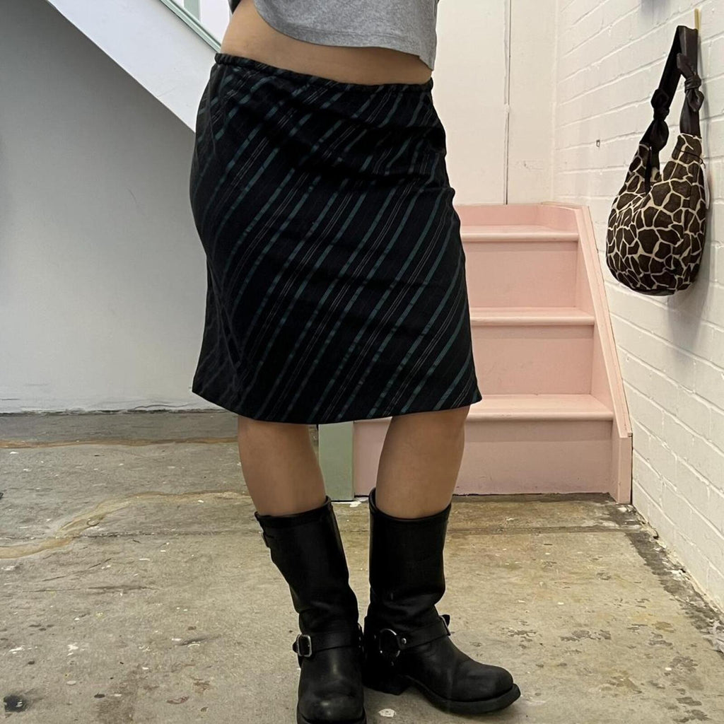 black and teal striped vintage low rise simple mid skirt