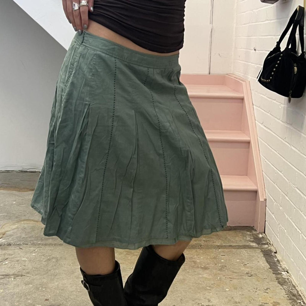 green teal pleated vintage cotton pleated midi skirt