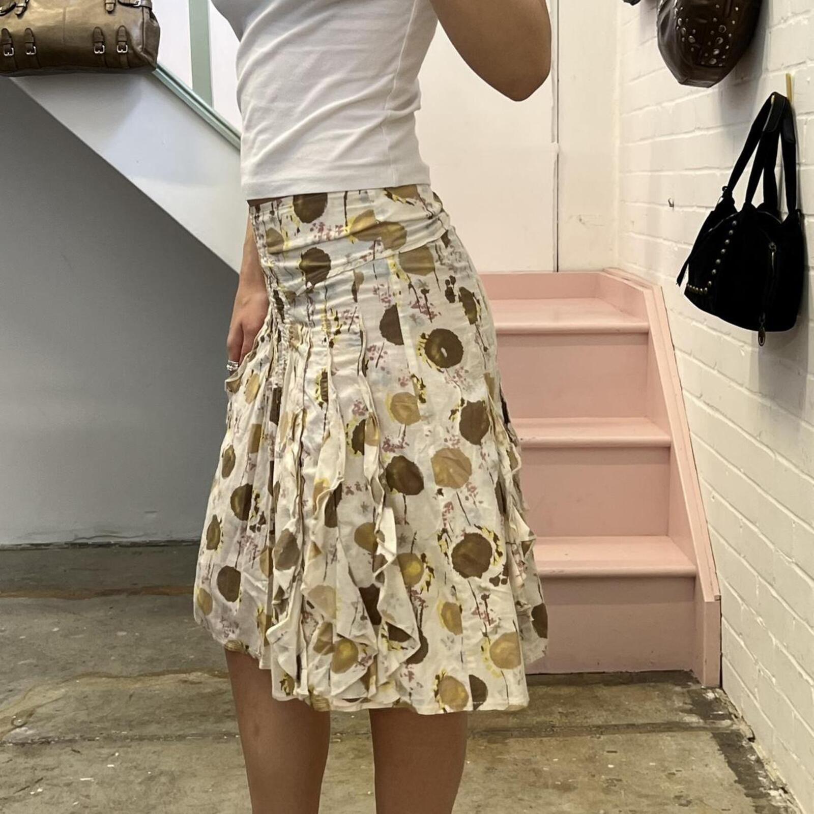 cream and brown polka dot ruffle midi skirt
