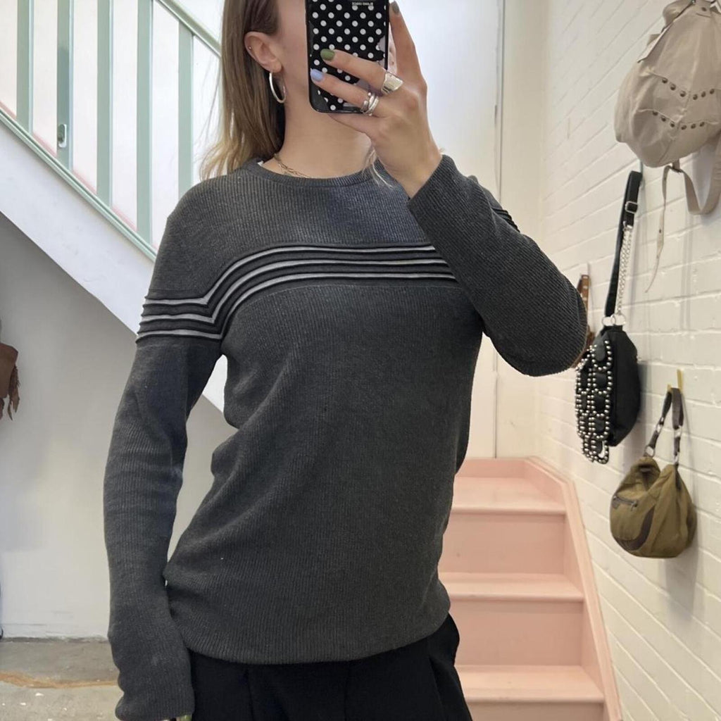 Grey knitted stripe vintage crew neck sweater