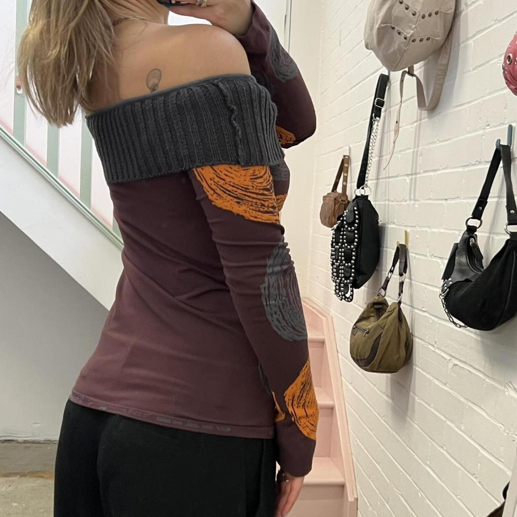 Desigual purple orange and grey off shoulder polka dot printed fitted vintage top