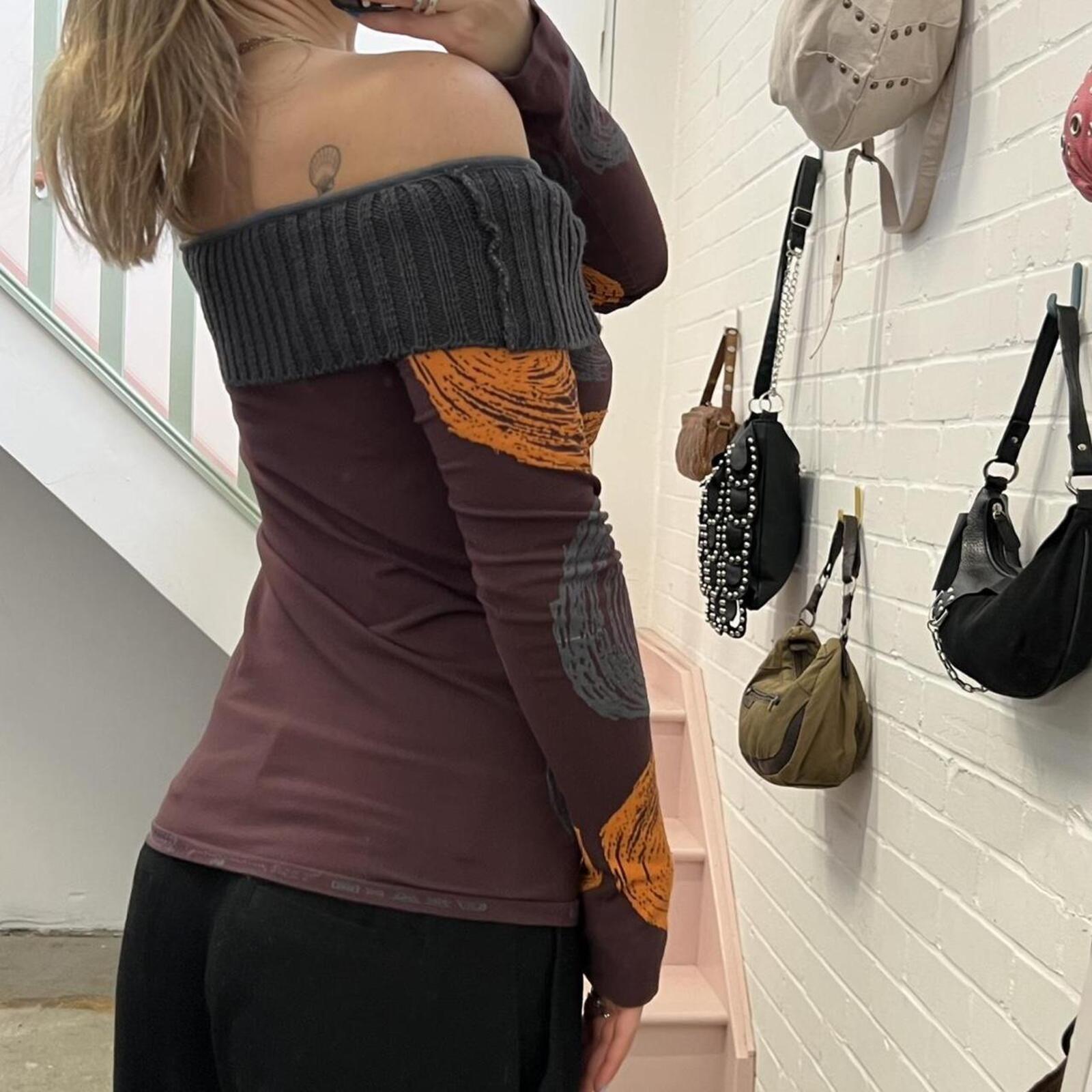 Desigual purple orange and grey off shoulder polka dot printed fitted vintage top