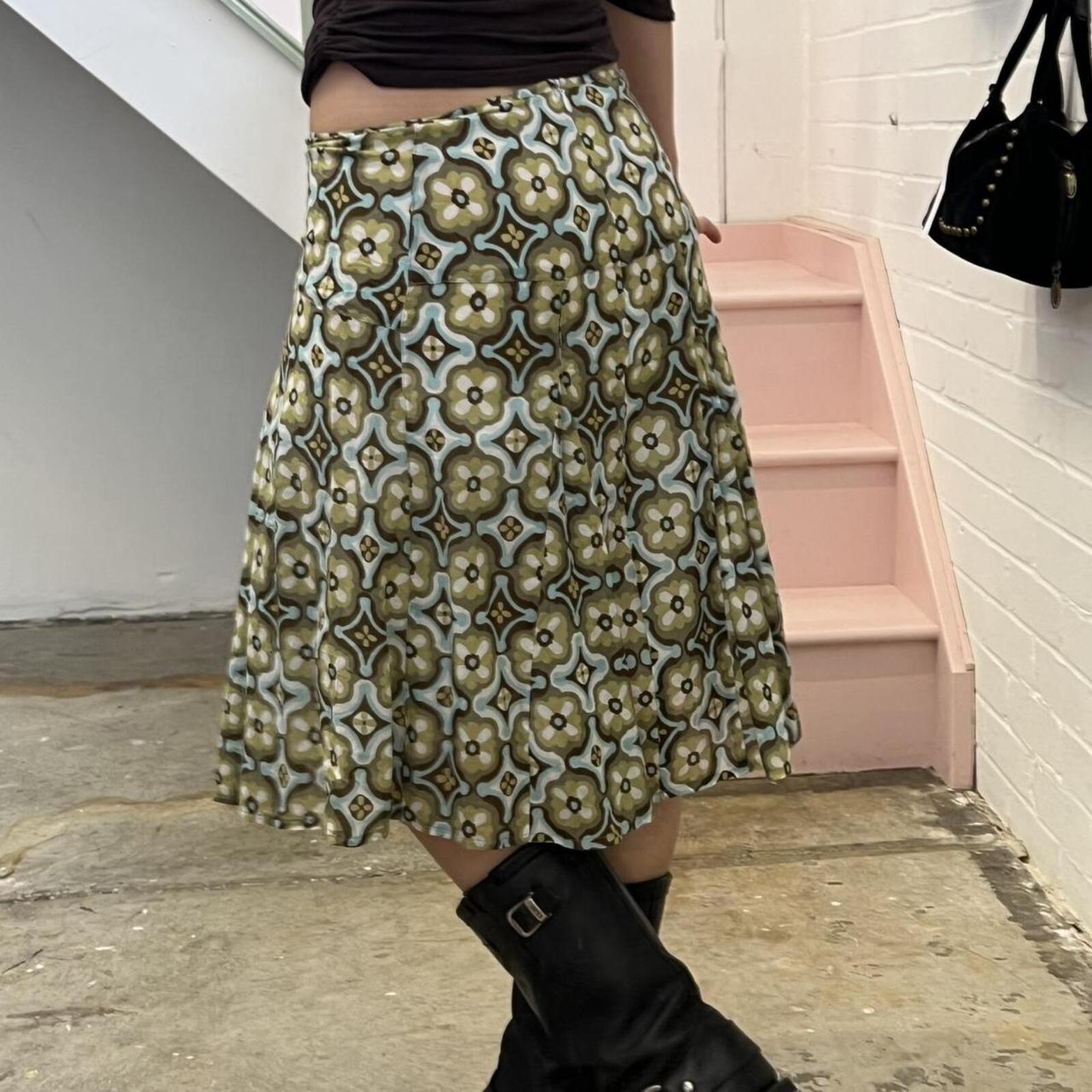 green and brown geo print pleated cotton vintage midi skirt