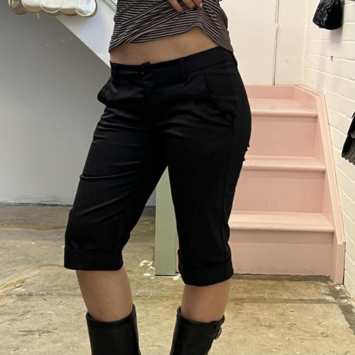 Black satin pinstripe tailored fitted low rise shorts