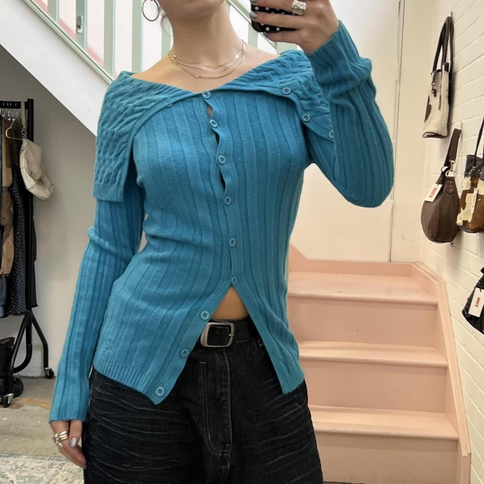 blue knitted off shoulder button up cashmere blend sweater