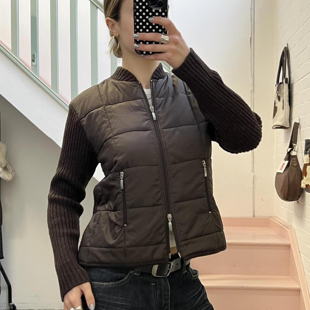brown vintage padded sweater with lambs wool knitted sleeves and dual zip